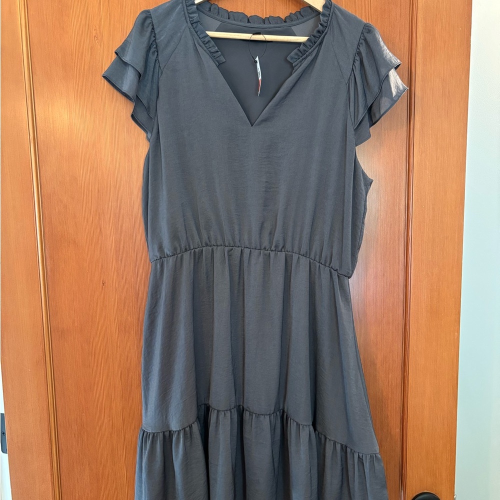 Women’s Banana Republic Gray Satin, Ruffle Sleeve Dress